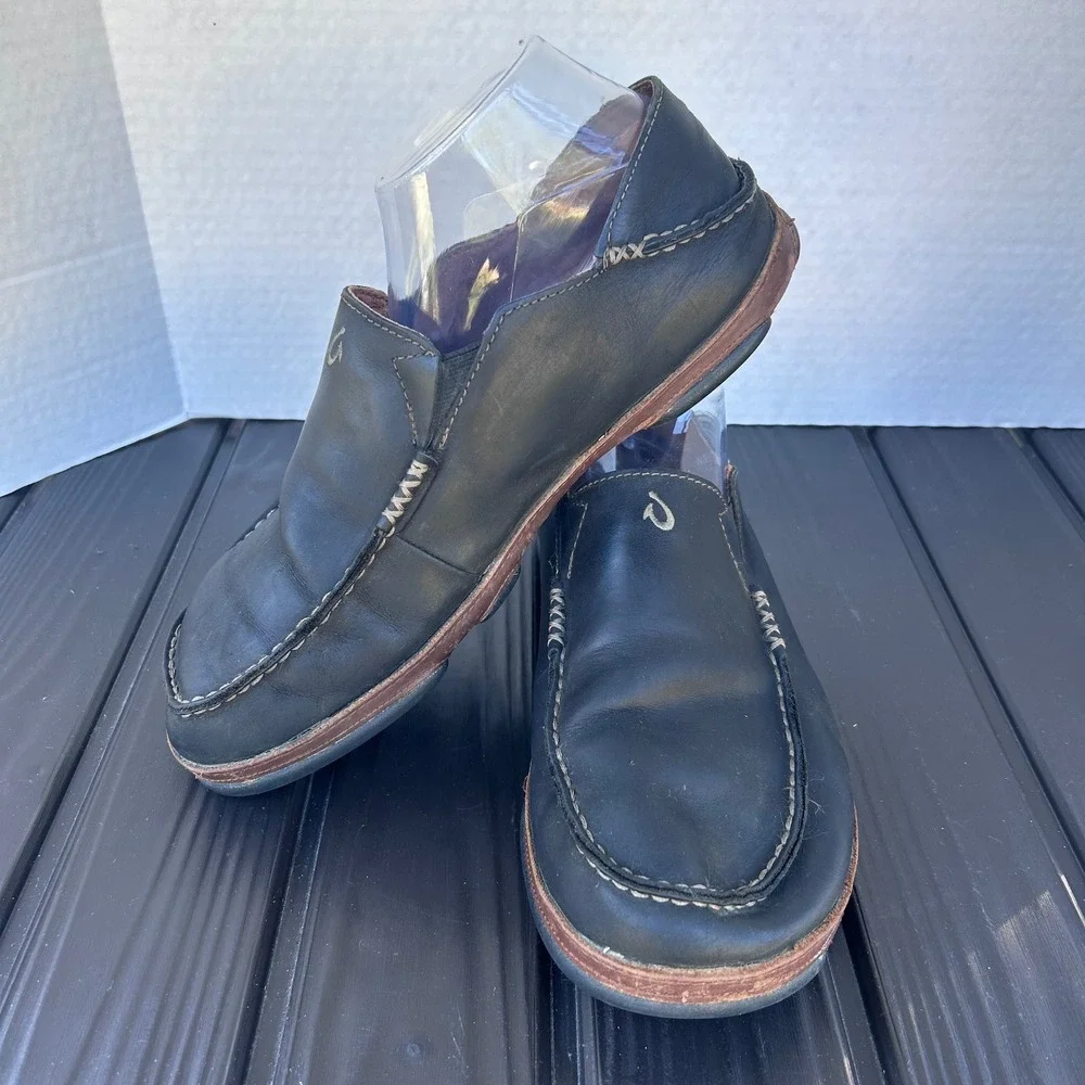 Olukai Moloa‎ Men's Black Leather Loafers Boat Shoes Size 10.5 Slip on's